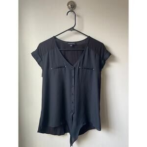 Fortune + Ivy Mixed Material Tie-Front Cap Sleeve Blouse, Size Small